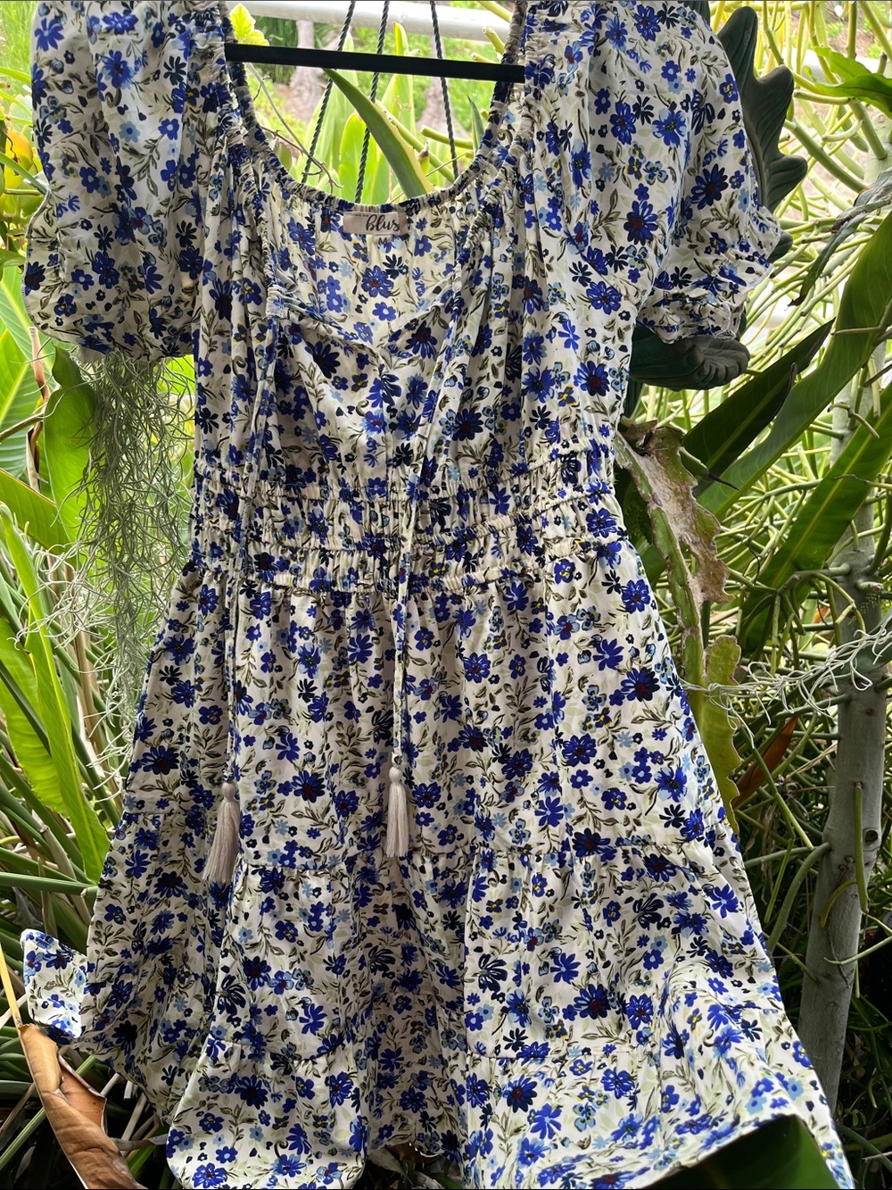Blue Floral Puff-Sleeve Kids Dress - White & Blue